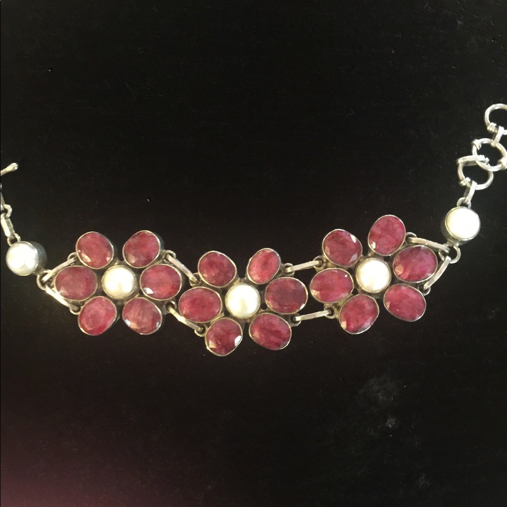 Raw Ruby And Pearl Silver Statement Bracelet - image 1